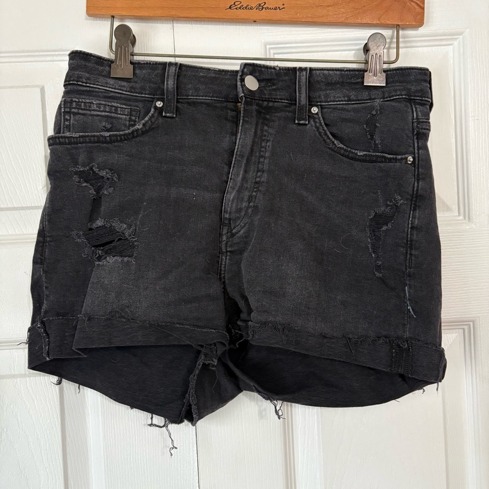 Used H&M Black Distressed High Waisted Denim Shorts. Size 8.